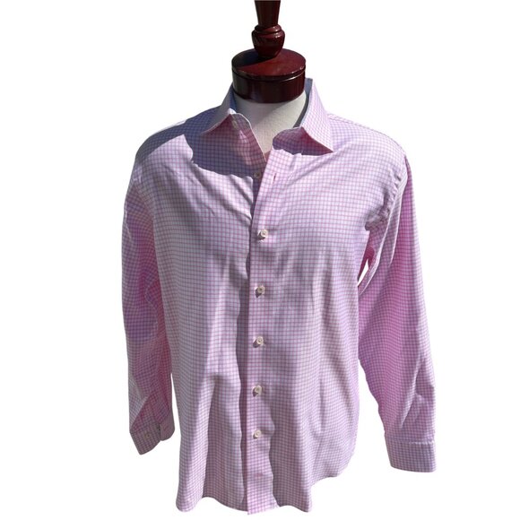 LORENZO UOMO Men's Pink Shepherds Check Trim Fit Button Up Shirt- 16 (34-35) - Picture 2 of 5